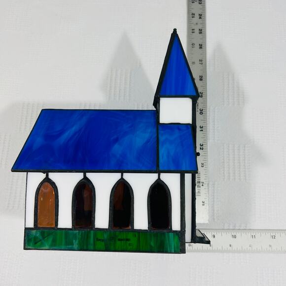 Crystal Village Stained Glass Church Illuminated VTG Handcrafted American Glas\ - Picture 3 of 12